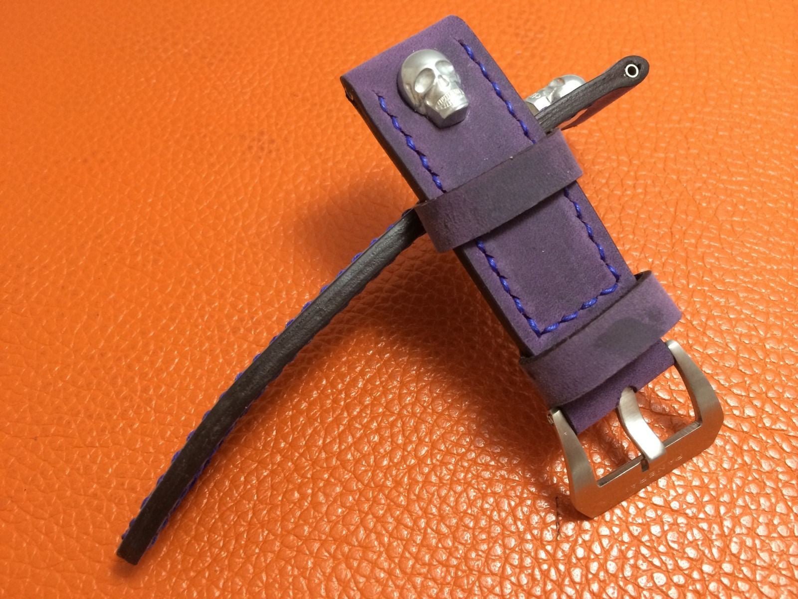 Panerai Watch Strap, 24mm Leather Watch Band, Purple Watch Strap, 26mm Watch Band, Sterling Silver Skull - eternitizzz-straps-and-accessories