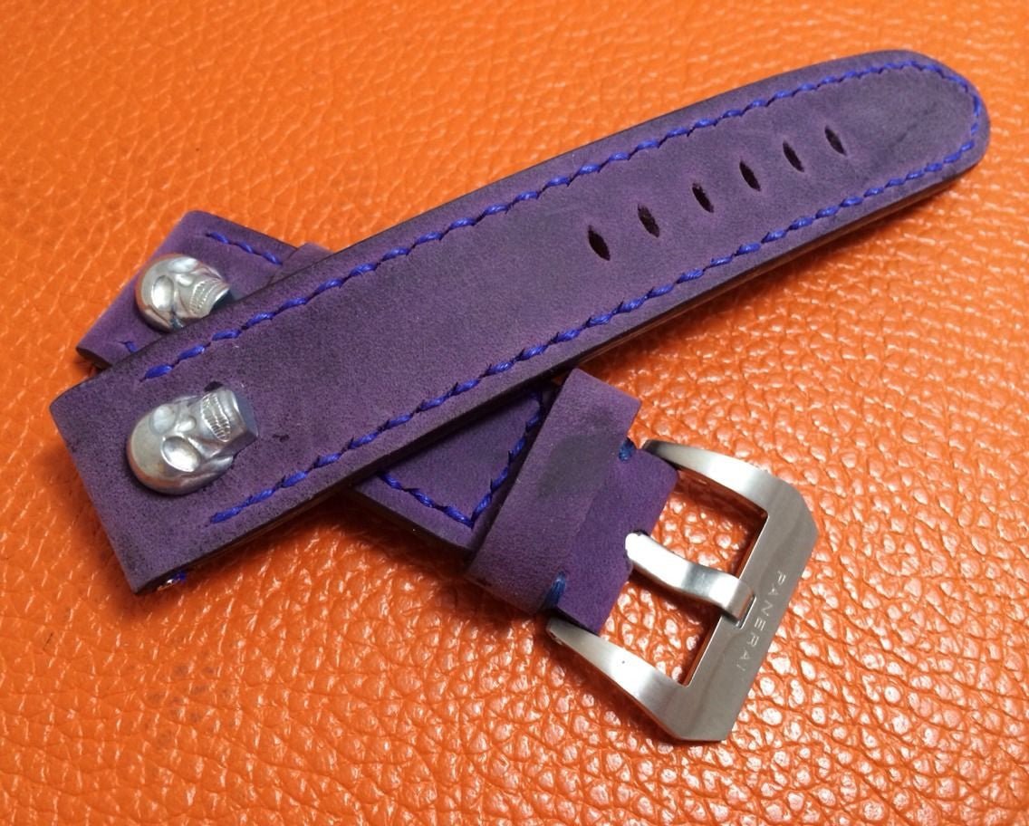 Panerai Watch Strap, 24mm Leather Watch Band, Purple Watch Strap, 26mm Watch Band, Sterling Silver Skull - eternitizzz-straps-and-accessories