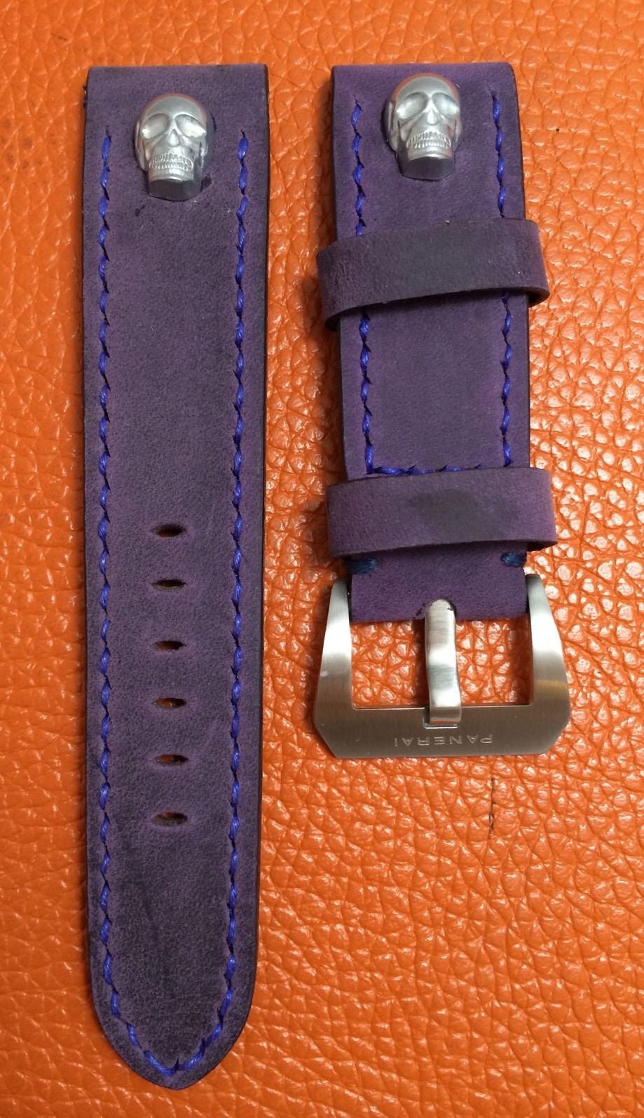 Panerai Watch Strap, 24mm Leather Watch Band, Purple Watch Strap, 26mm Watch Band, Sterling Silver Skull - eternitizzz-straps-and-accessories