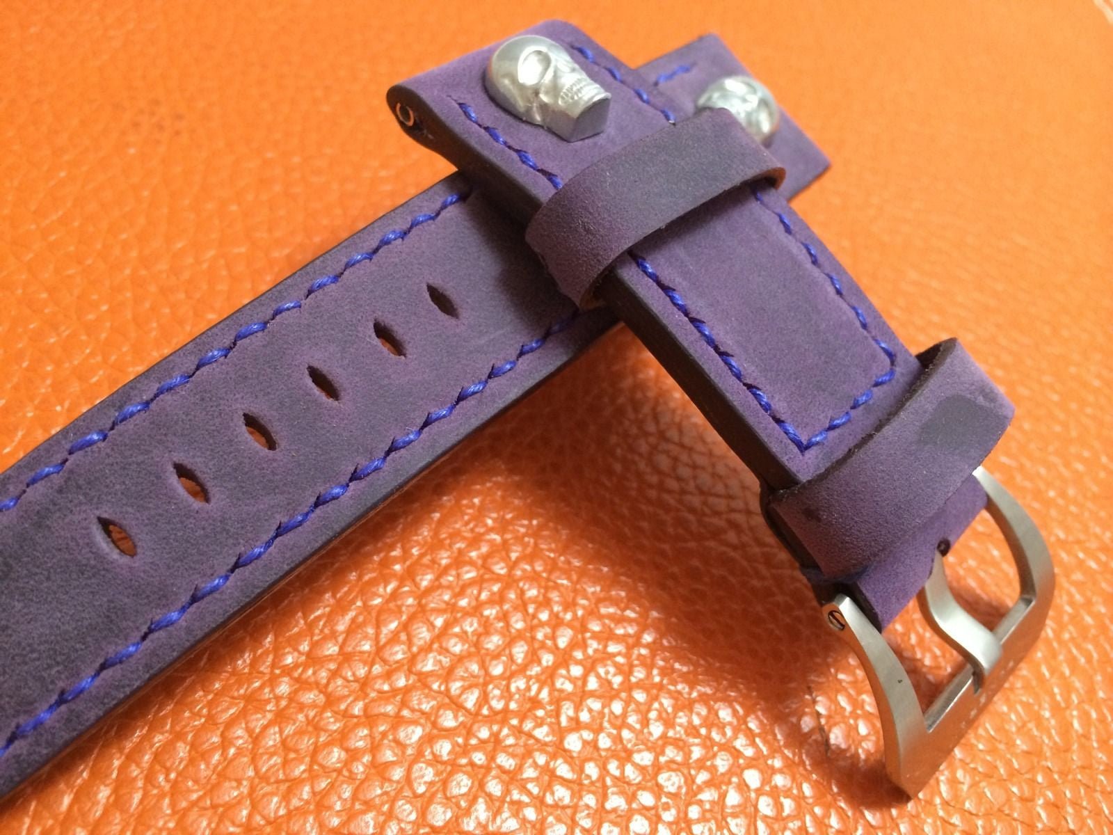 Panerai Watch Strap, 24mm Leather Watch Band, Purple Watch Strap, 26mm Watch Band, Sterling Silver Skull - eternitizzz-straps-and-accessories