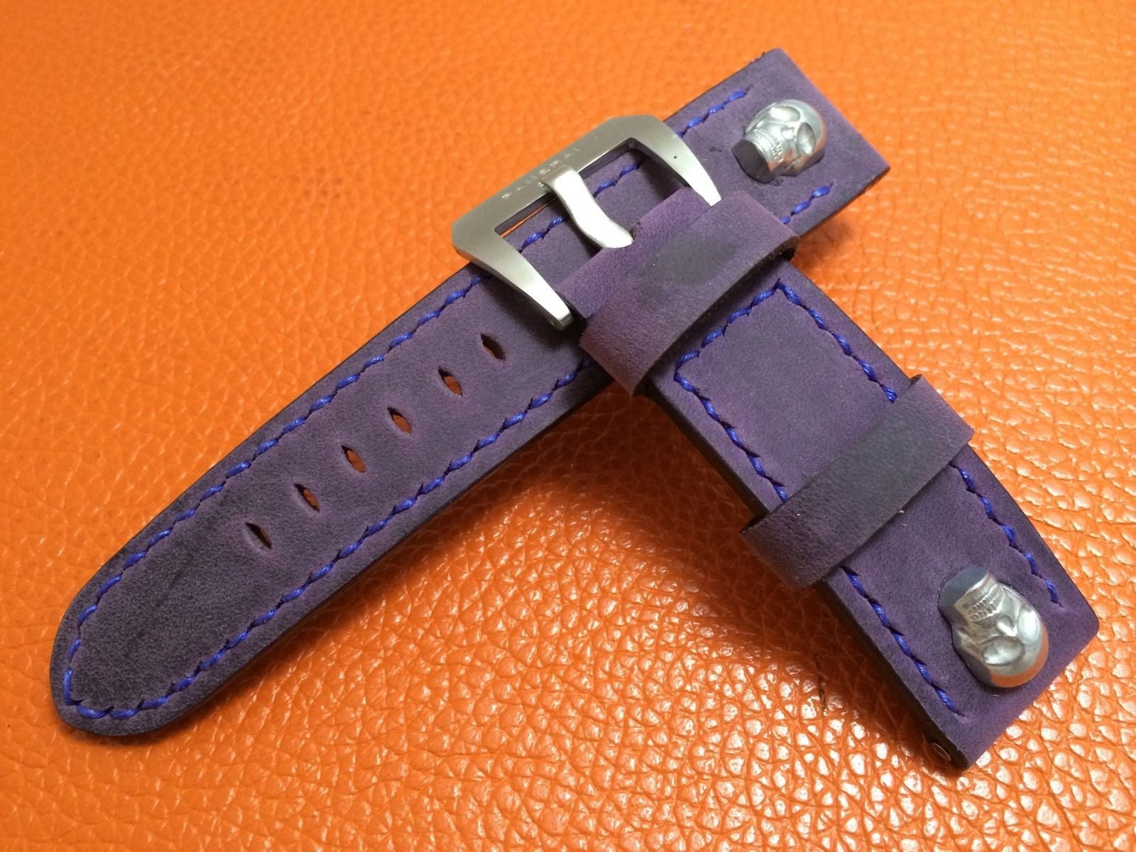 Panerai Watch Strap, 24mm Leather Watch Band, Purple Watch Strap, 26mm Watch Band, Sterling Silver Skull - eternitizzz-straps-and-accessories