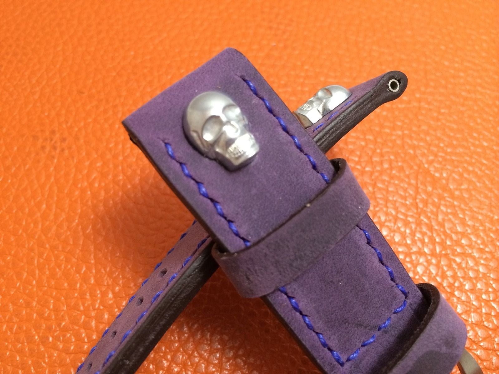 Panerai Watch Strap, 24mm Leather Watch Band, Purple Watch Strap, 26mm Watch Band, Sterling Silver Skull - eternitizzz-straps-and-accessories
