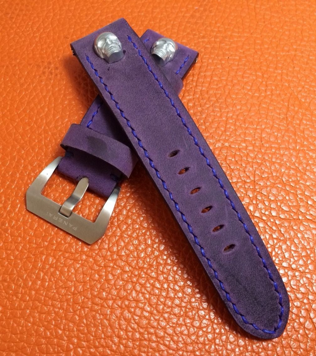 Panerai Watch Strap, 24mm Leather Watch Band, Purple Watch Strap, 26mm Watch Band, Sterling Silver Skull - eternitizzz-straps-and-accessories