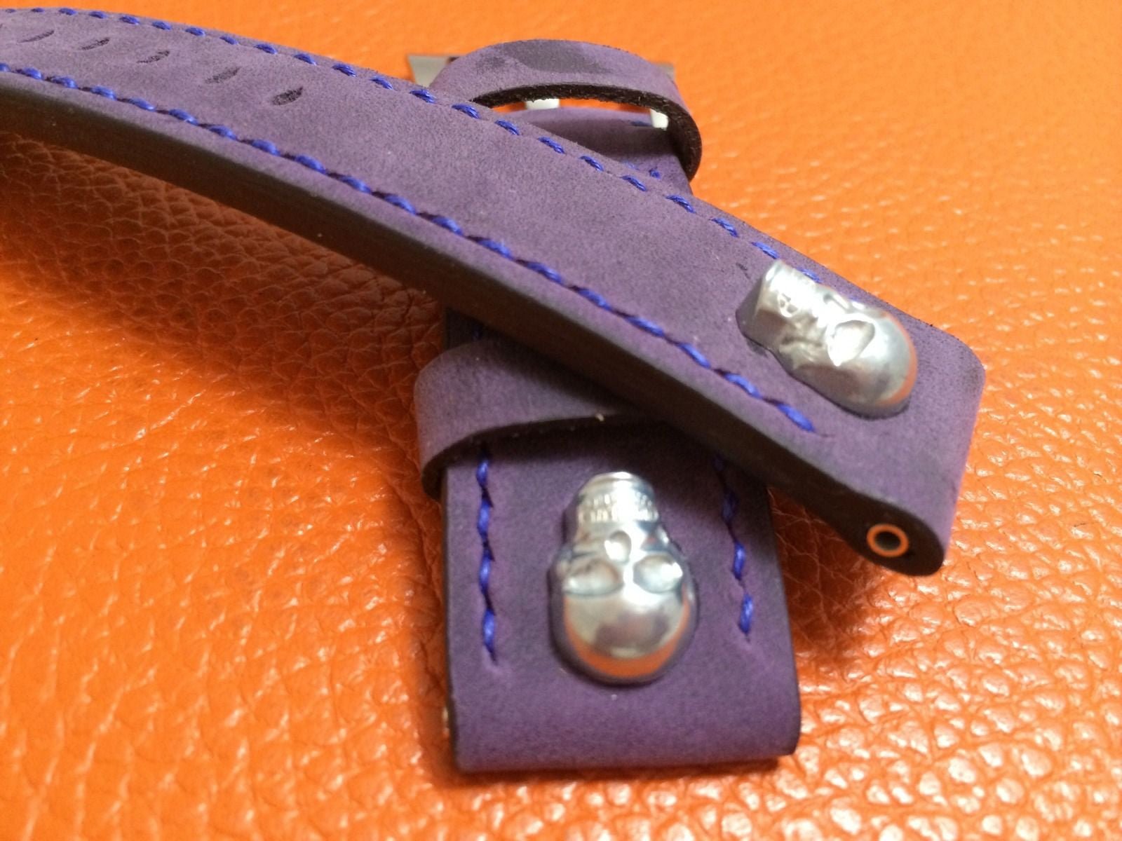 Panerai Watch Strap, 24mm Leather Watch Band, Purple Watch Strap, 26mm Watch Band, Sterling Silver Skull - eternitizzz-straps-and-accessories