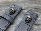 Personalised Gray Leather Watch Straps 20mm, Vintage Wrist Watch Band with Sterling Silver 925 Skull Stud and Buckle, 22mm Watch Straps, Gift Idea for Boyfriend
