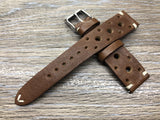 This is brown genuine leather racing watch straps that come with 20mm, 19mm lug width. Silver Stainless Steel Buckle in 16mm, Cream White Stitching