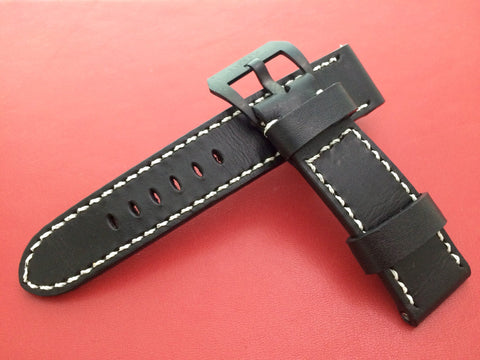 Real Leather Strap for Panerai watches (Pure Black) 24mm/22mm - With Glow In the Dark Stitching