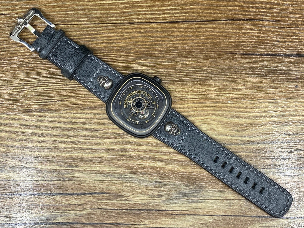 Seven Friday Watch Straps, SevenFriday Watch band, Skull Head Sterling Silver 925 Watch Straps with Distress Black leather