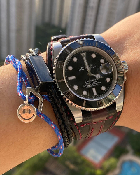 Striped Leather Watch Strap in Black and Maroon Red 20mm Watch